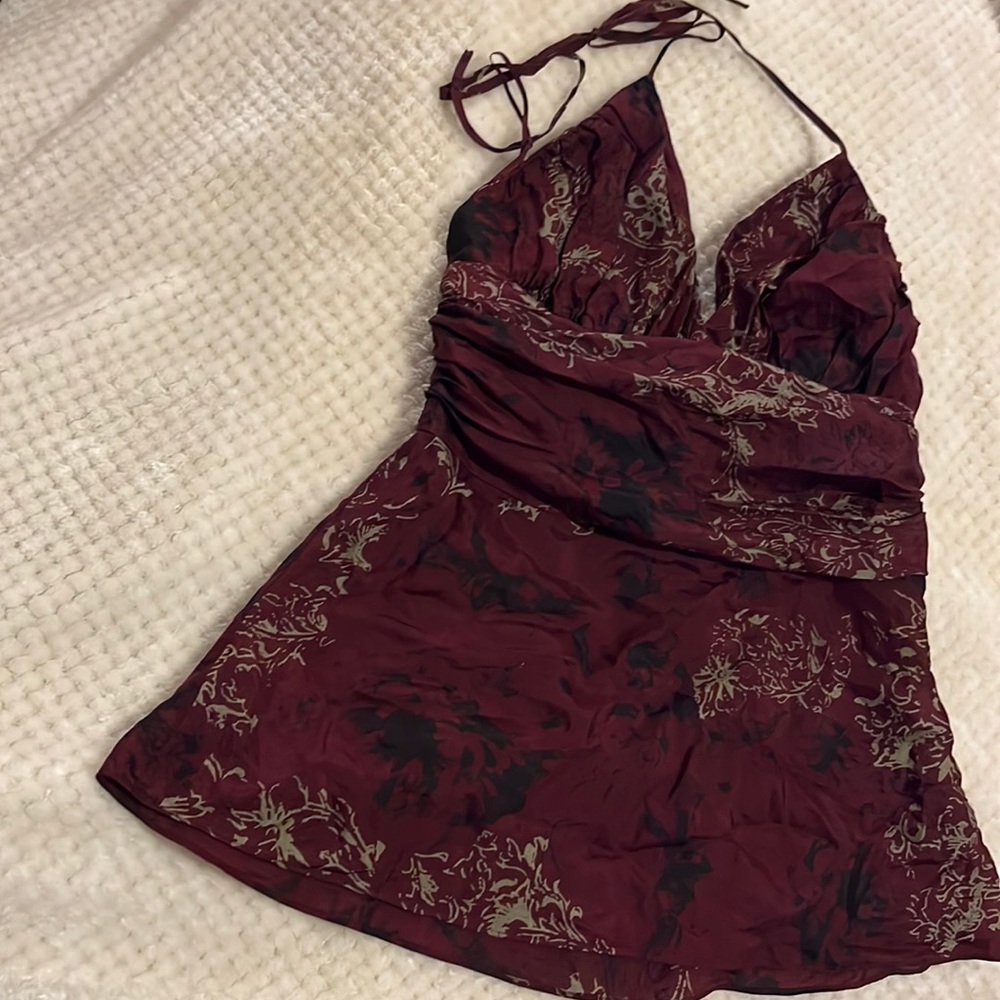Express Design Studio 100% Silk Halter Top Maroon Printed